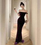 Elegant Velvet Long Sheath Prom Dress Purple Off Shoulder Slit Party Evening Gown Y8131 by simplepromdress