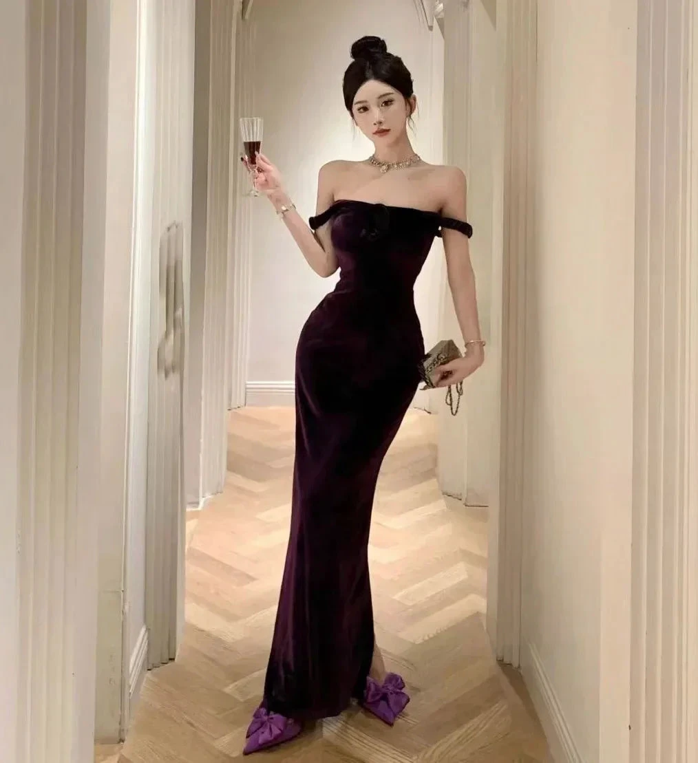 Elegant Velvet Long Sheath Prom Dress Purple Off Shoulder Slit Party Evening Gown Y8131 by simplepromdress