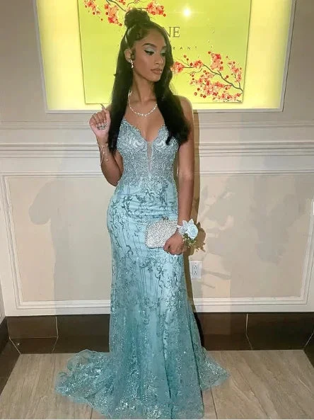 Charming Spaghetti Straps Lace Appliques Evening Dress Mermaid Prom Dress Y7921 by simplepromdress