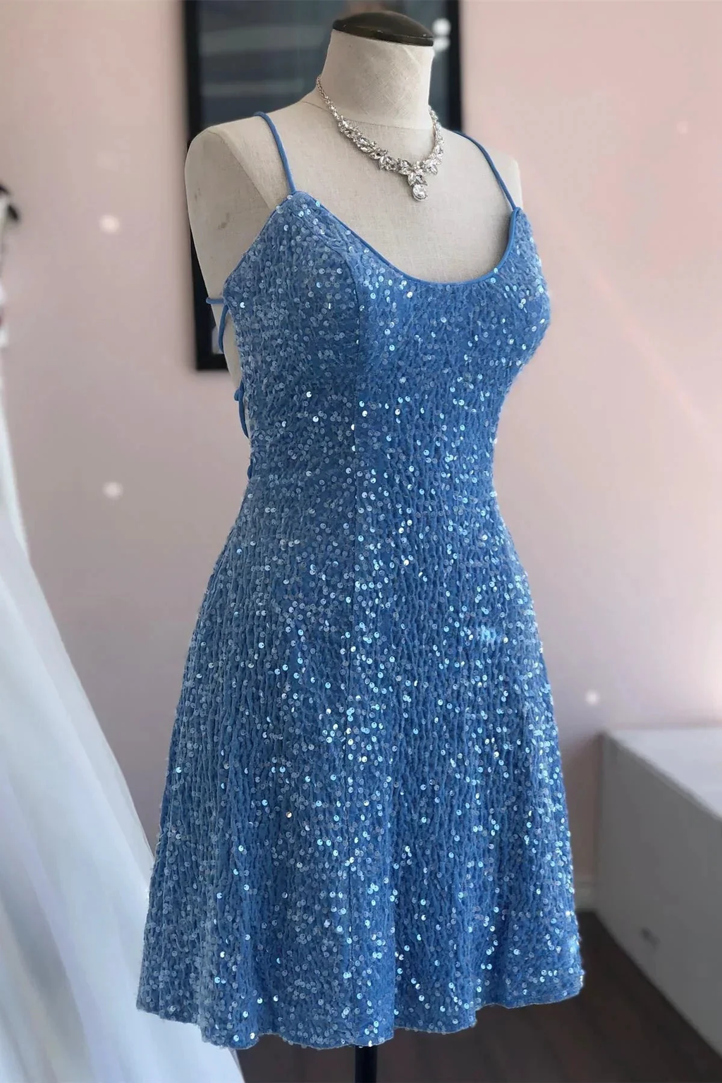 Blue Sheath Sequins Lace-Up Mini Homecoming Dress Y3007 by simplepromdress