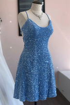 Blue Sheath Sequins Lace-Up Mini Homecoming Dress Y3007 by simplepromdress