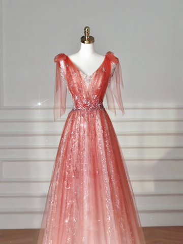 Elegant V Neck Tulle Sequins Prom Dress Strawberry Pink A Line Long Evening Dress Y8614