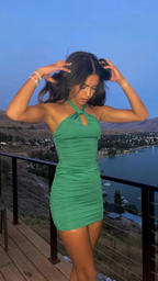 Women Close-Fitting Solid Color Dress Halter Neck Sleeveless Sexy Green Homecoming Dress Y2659 by simplepromdress