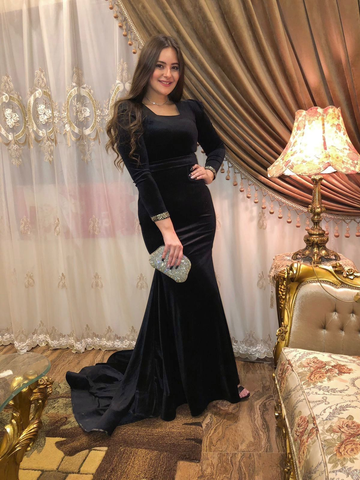 Elegante vestido de noche negro de corte sirena con mangas largas, vestido de noche negro Y5661