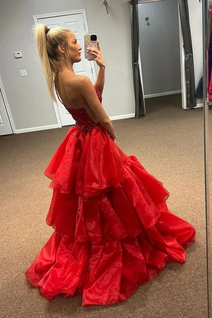 Red One Shoulder Mermaid Slit Sequins Long Prom Dress Formal Evening Gown Y7884 by simplepromdress