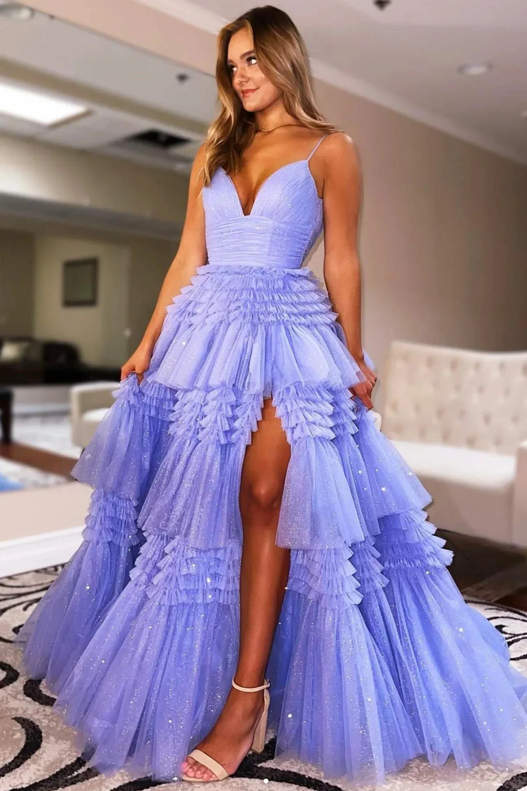 Purple Tulle Long A-Line Prom Dress, V-Neck Evening Dress with Slit Y1687 by simplepromdress