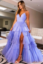 Purple Tulle Long A-Line Prom Dress, V-Neck Evening Dress with Slit Y1687 by simplepromdress