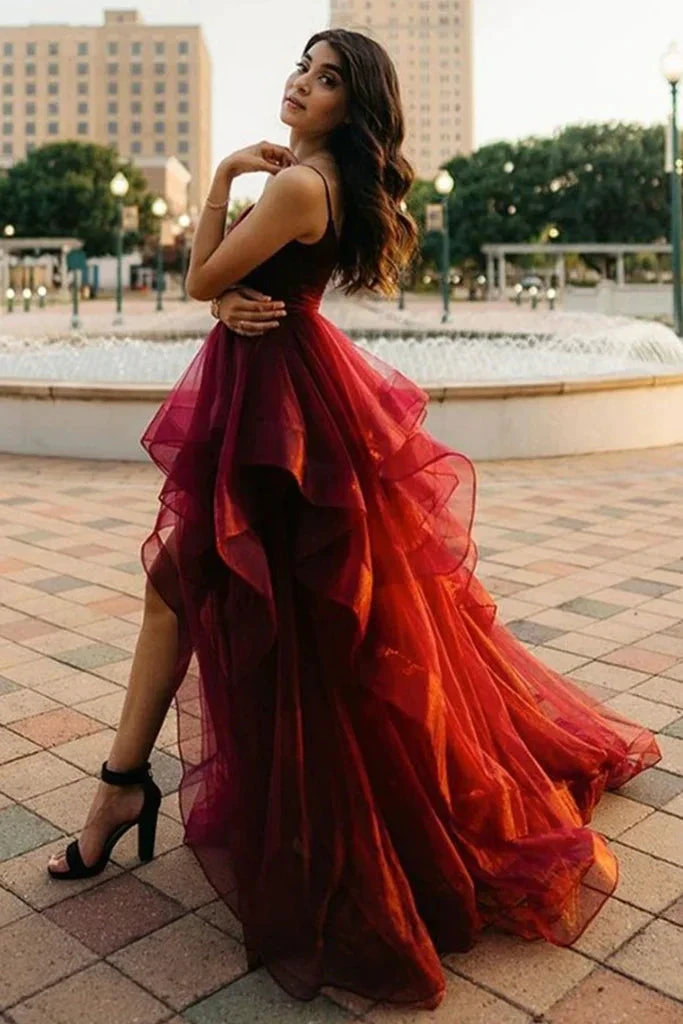 High Low Burgundy Tulle Long Prom Dress, Wine Red High Low Formal Evening Dress Y1521 by simplepromdress