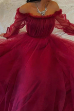 Burgundy Tulle Evening Dress With Long Sleeves Y503 by simplepromdress