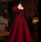 Wine Red Short Sleeves Floor Length Long Evening Dresses, Ball Gown Formal Dresses Y6973