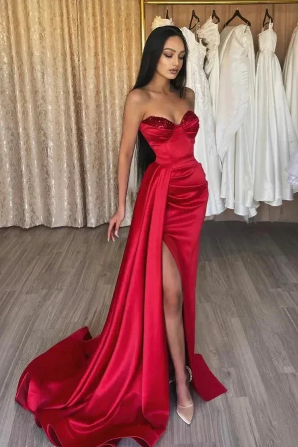 Red satin sequins long prom dress red evening dress Y82 by simplepromdress