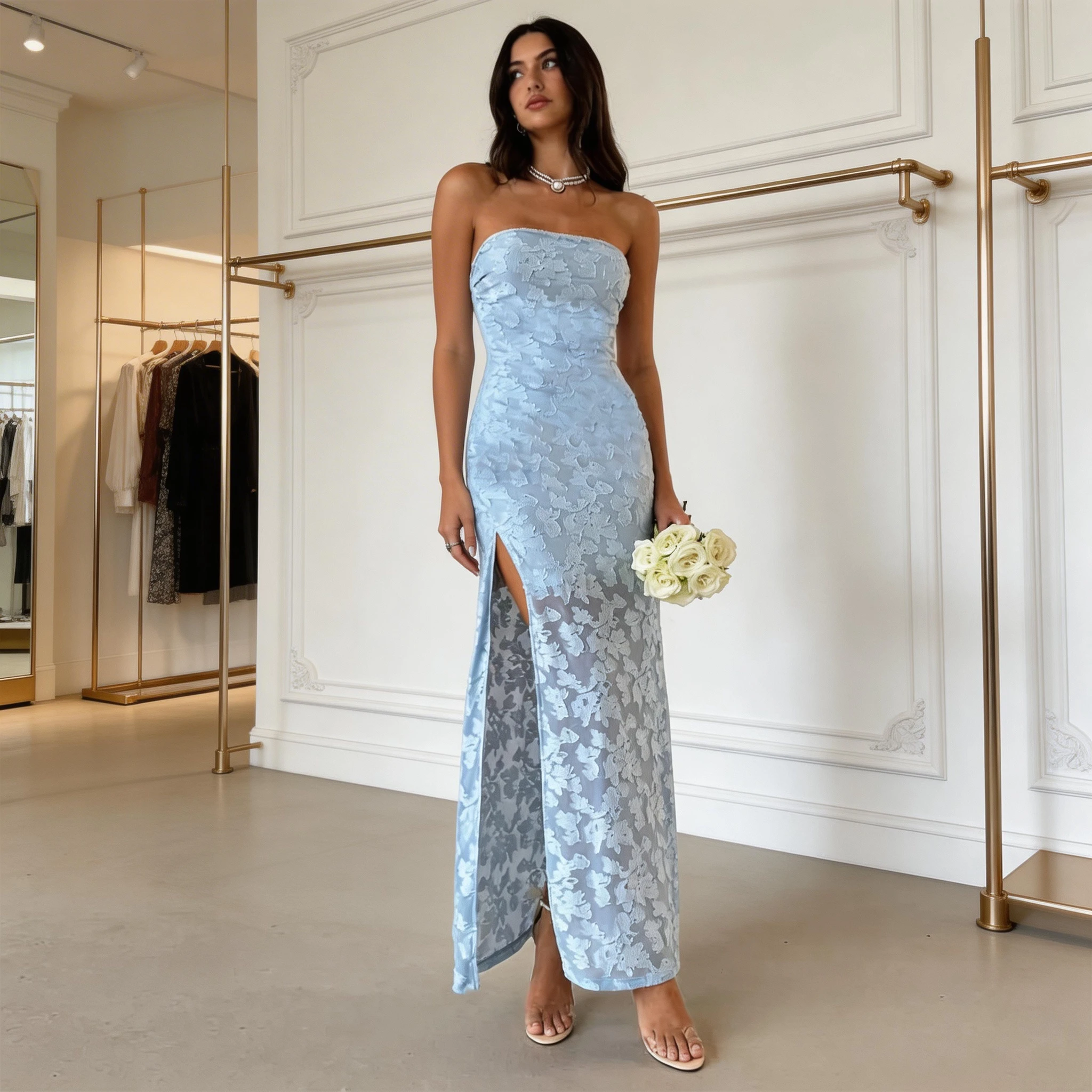 Chic Blue Strapless Satin Print Floral Long Prom Dress Sheath Slit Evening Dress Y8152 by simplepromdress