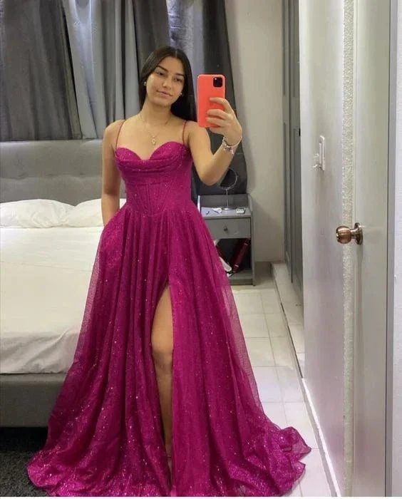 Fuchsia Corset Glitter A-line Evening Gown A-line Evening Dress Y6001 by simplepromdress