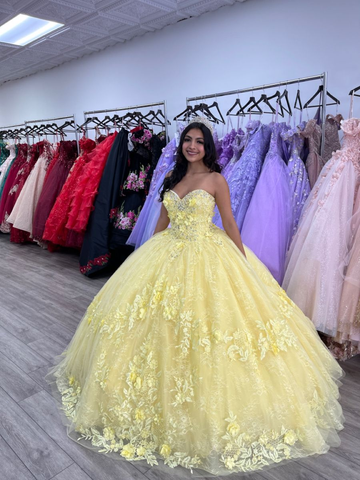 Vestido de fiesta amarillo encantador, vestido de quinceañera, vestido de princesa de encaje Y2322