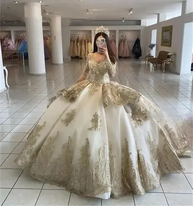 Champagne Ruffle Ball Gowns Quinceanera Dresses Sequin Beading Appliques Long Sleeve Formal Prom Princess Dress Y4952 by simplepromdress