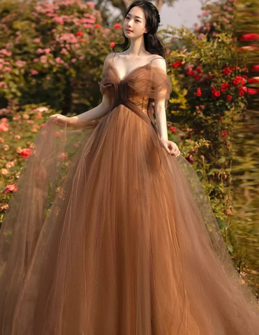 Beautiful A-line Tulle Straps Long Formal Gown Tulle Party Dresses Evening Dresses Y4643