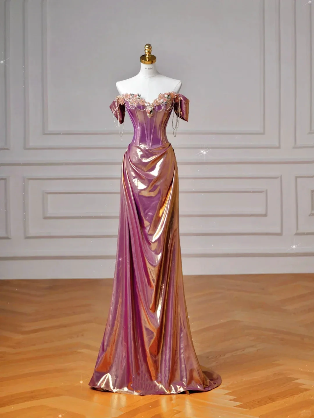 Classy Purple Satin Beaded Mermaid Prom Dress Off The Shoulder Long Evening Dress Y8605 by simplepromdress