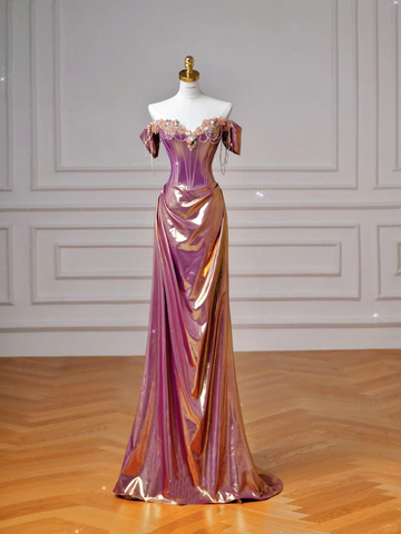 Classy Purple Satin Beaded Mermaid Prom Dress Off The Shoulder Long Evening Dress Y8605