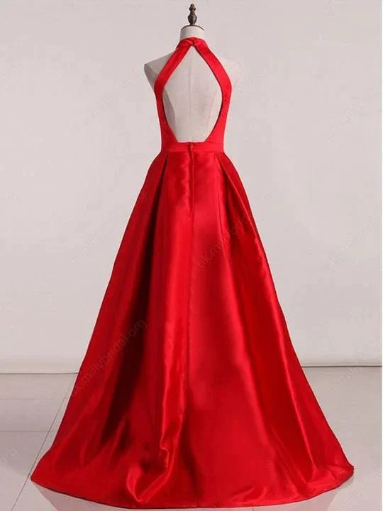 Sleeveless Halter Open Back Prom Dresses A Line Satin Evening Dresses Y941 by simplepromdress