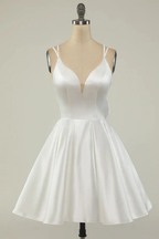 White Satin A-line Graduation Dress White Short Homecoming Dress Y1849 by simplepromdress