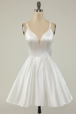 White Satin A-line Graduation Dress White Short Homecoming Dress Y1849