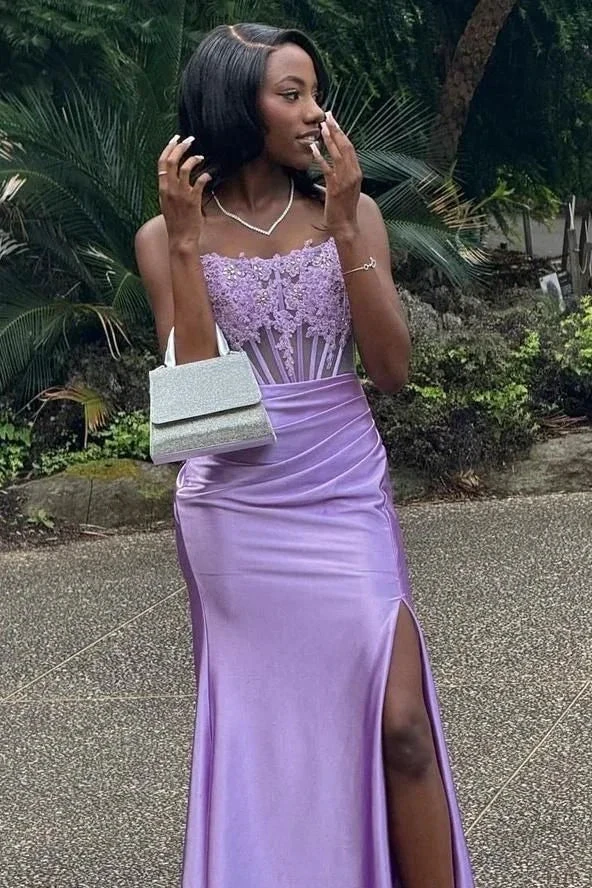 Charming Strapless Burgundy Lace Appliques Long Prom Dress Slit Mermaid Evening Gown Y7883 by simplepromdress