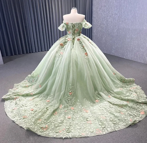 Vestido de gala verde matcha con hombros descubiertos y apliques florales, espalda con cordones brillantes, para quinceañeras, ocasiones especiales, Y2190