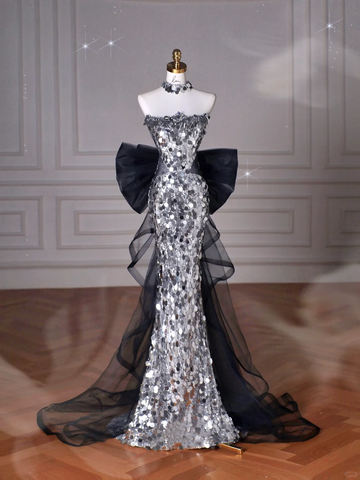 Black Glitter Sequins Tulle Mermaid Prom Dress Strapless Evening Dress With Bow Y8615