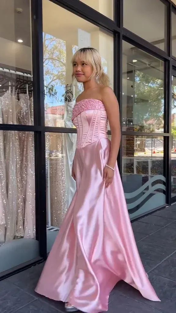 Pink Strapless Beaded Satin Formal Mermaid Prom Evening Dress Y7866 Main Image