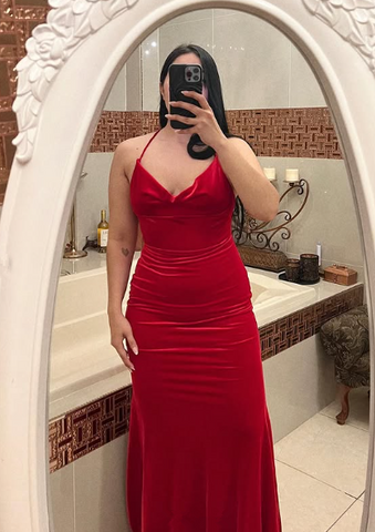 Vestido de noche rojo sexy de terciopelo con tirantes finos y corte sirena, vestido de fiesta Y7816