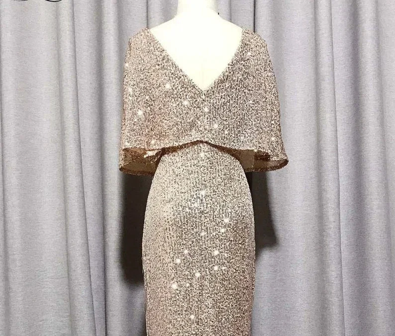 Mermaid Short Sleeves Sexy V Neck Evening Dress, Elegant Glitter Bat Sleeves Formal Party Dress Y1390 by simplepromdress