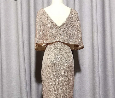 Mermaid Short Sleeves Sexy V Neck Evening Dress, Elegant Glitter Bat Sleeves Formal Party Dress Y1390