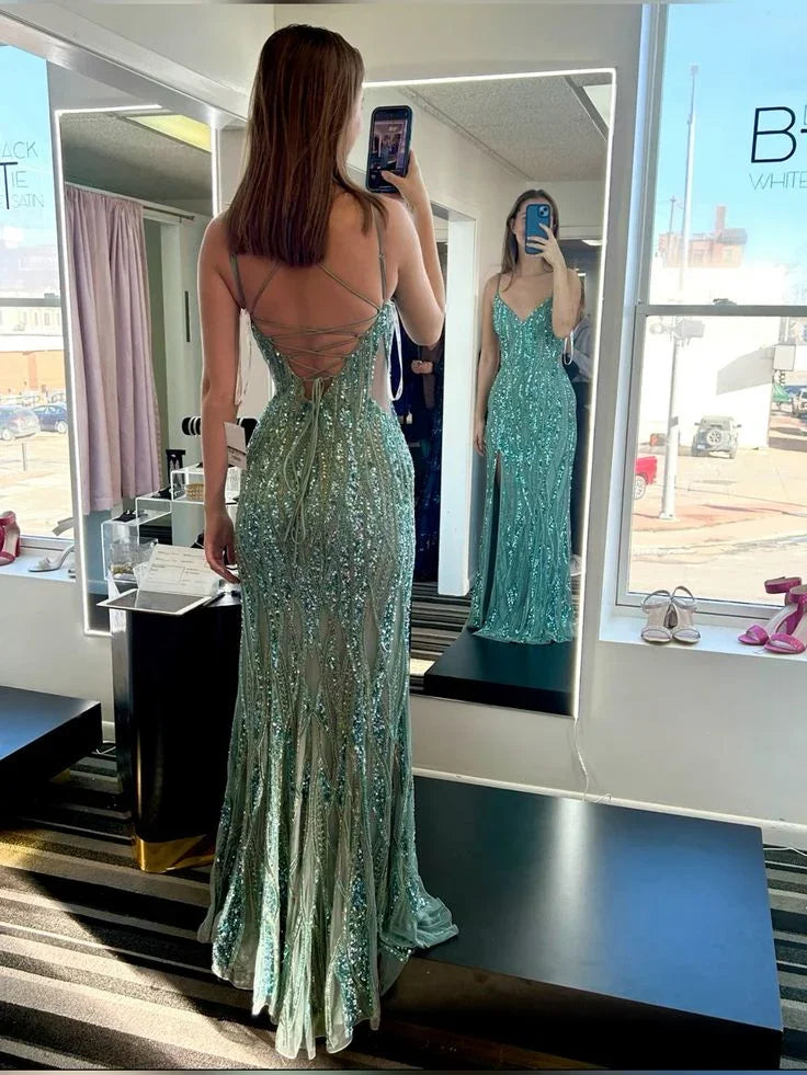 Gorgeous Green Spaghetti Straps Tulle Sequins Evening Gown Slit Prom Dress Y7919 by simplepromdress