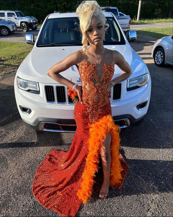 Beaded Sheath Formal Dresses With Slit Orange Shiny Sequins Evening Dress Y6514 Main Image