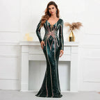 Stretch Green Sequin Maxi Dress Full Sleeve V Neck Mermaid Evening Night Long Party Dress by Sunnderly