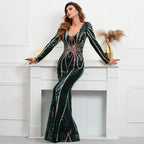 Stretch Green Sequin Maxi Dress Full Sleeve V Neck Mermaid Evening Night Long Party Dress by Sunnderly