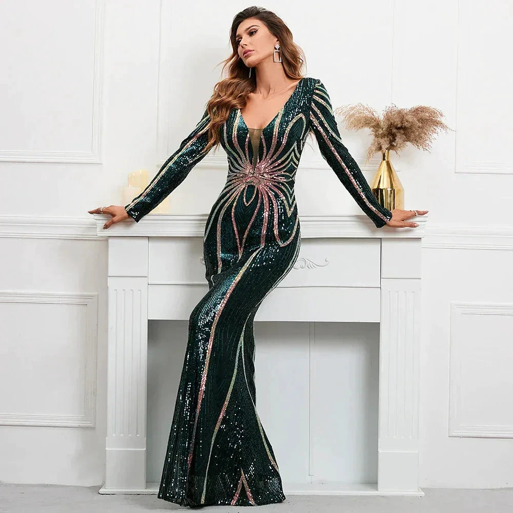 Stretch Green Sequin Maxi Dress Full Sleeve V Neck Mermaid Evening Night Long Party Dress by Sunnderly
