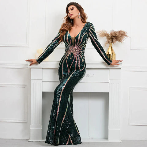Vestido largo de lentejuelas verdes elástico con mangas largas y escote en V y corte sirena para noche y fiesta 