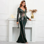 Stretch Green Sequin Maxi Dress Full Sleeve V Neck Mermaid Evening Night Long Party Dress by Sunnderly