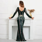 Stretch Green Sequin Maxi Dress Full Sleeve V Neck Mermaid Evening Night Long Party Dress by Sunnderly