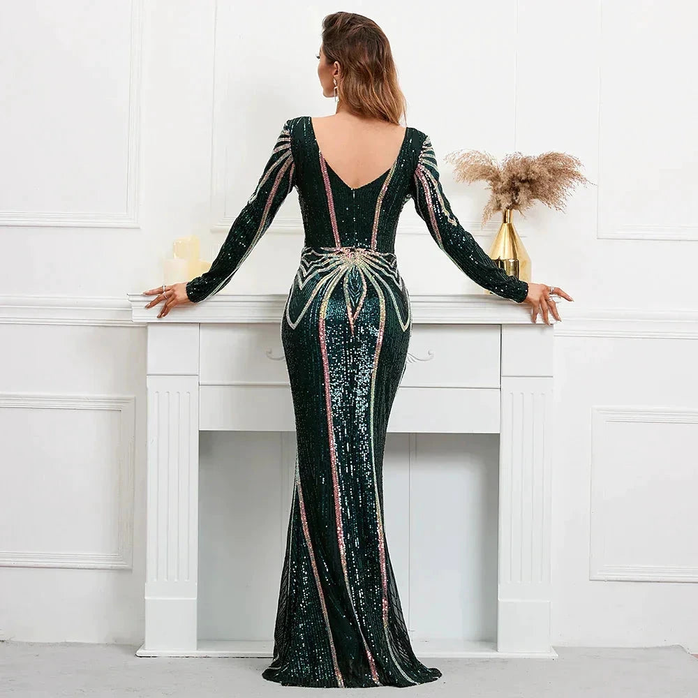 Stretch Green Sequin Maxi Dress Full Sleeve V Neck Mermaid Evening Night Long Party Dress by Sunnderly