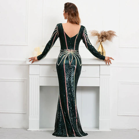 Vestido largo de lentejuelas verdes elástico con mangas largas y escote en V y corte sirena para noche y fiesta 