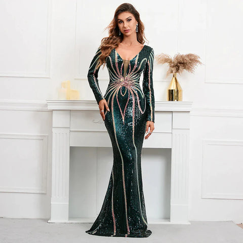 Vestido largo de lentejuelas verdes elástico con mangas largas y escote en V y corte sirena para noche y fiesta 