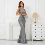 Women Beading Dress Long Prom Dress Deep V Neck Grey Sequin Evening Dress Sexy Party Maxi Dress 19320 by Sunnderly