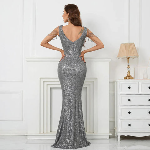 Damen Perlenbesetztes Kleid, langes Ballkleid, tiefer V-Ausschnitt, graues Pailletten-Abendkleid, sexy Party-Maxikleid 19320 