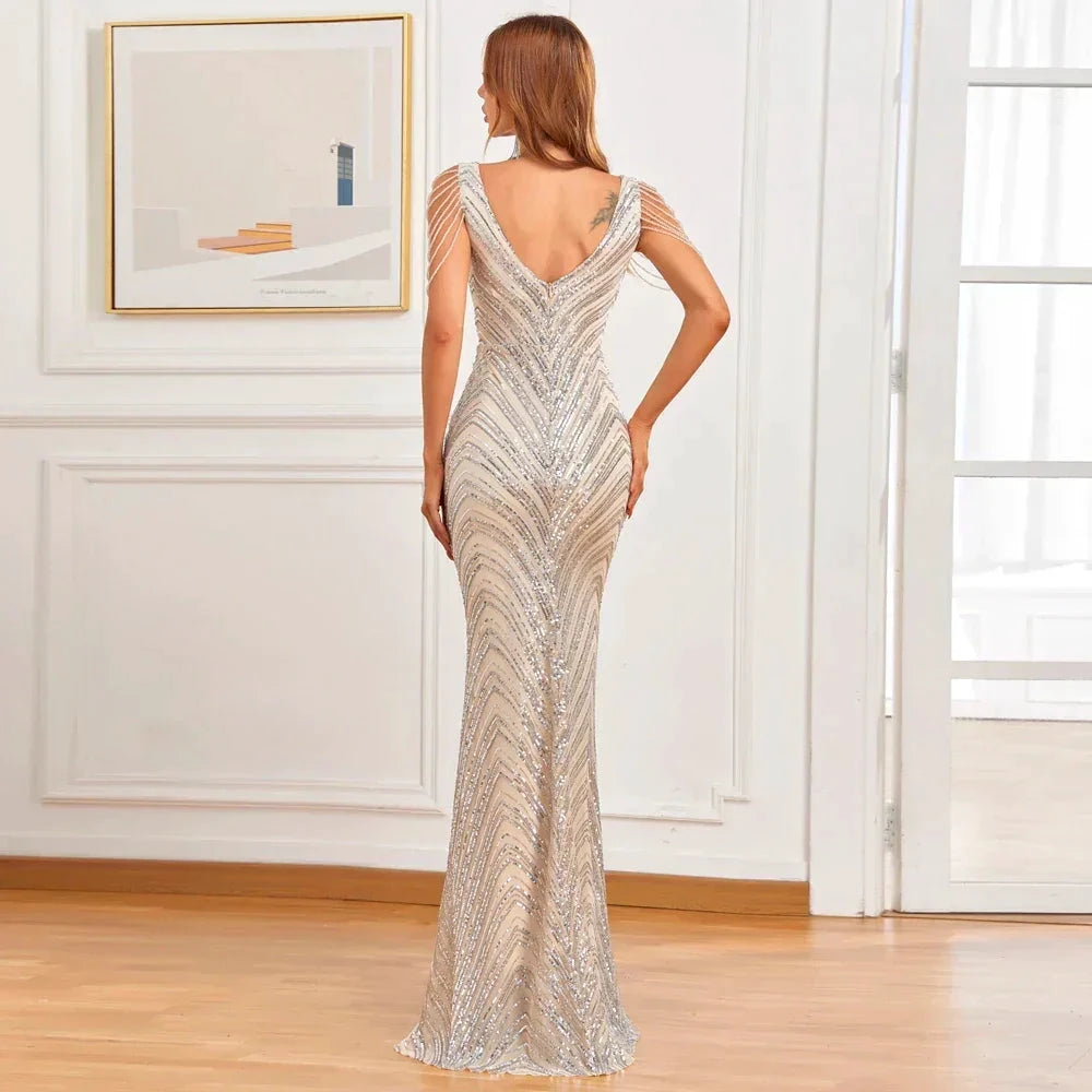 Women Beading Dress Long Prom Dress Deep V Neck Silver Sequin Evening Dress Sexy Party Maxi Dress 18691 by Sunnderly