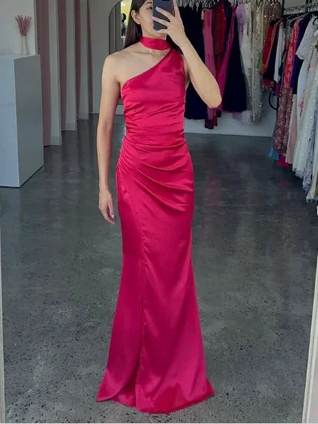 Elegant One Shoulder Hot Pink Satin Sheath Prom Dress Long Evening Dress Y8419 by simplepromdress