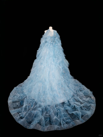 Dream Blue Tulle Beaded A Line Prom Dress Long Evening Dress Y8691