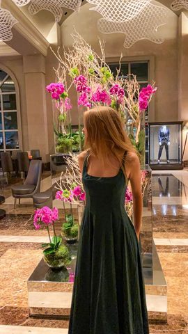 Vestido de noche verde con escote cuadrado y corte A, vestido formal modesto Y692
