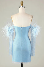 Blue Tight Beaded Short Homecoming Dress With Detachable Sleeves by WEDTREND
